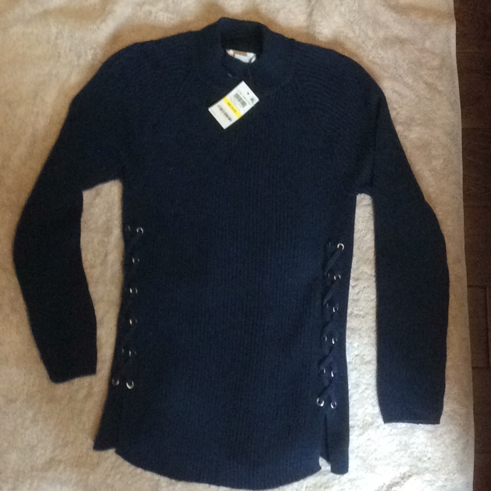 NWT navy tunic sweater with lace up front panels